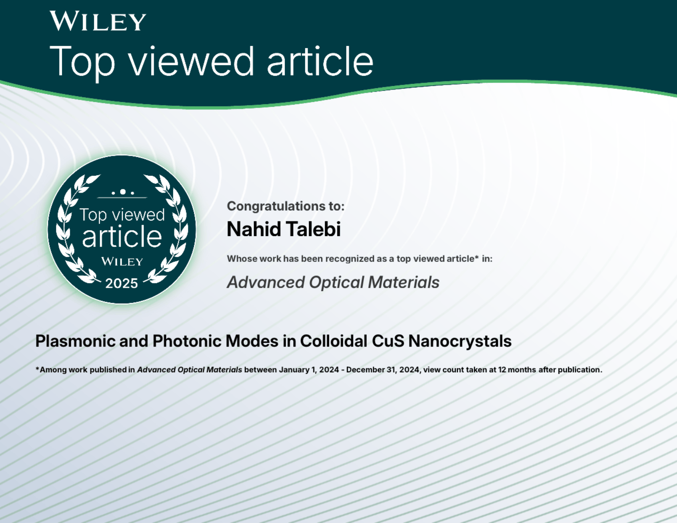 Wiley Top Viewed Article 2024 certificate